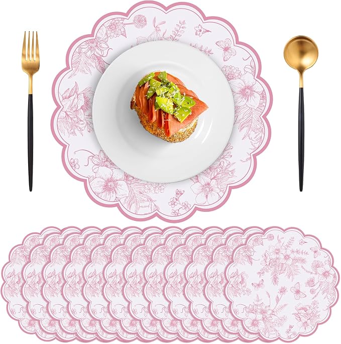 60 Pcs Pink Floral Paper Placemat, 13.5 Inch Disposable Scalloped Table Mat | Wedding Placemats, Vintage Floral Banquet Place Mats for Table Setting Wedding Bridal Tea Party Wildflower Party Decor