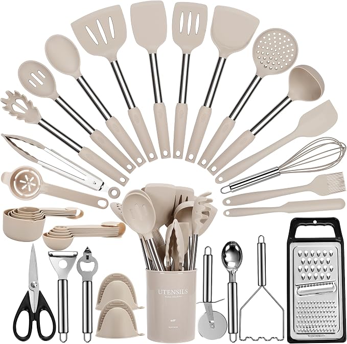 Fyvva 35 Pcs BPA Free Silicone Kitchen Utensils Set Stainless Steel Handles | Food Grade Silicone, Heat Resistant, Safe for Nonstick Cookware, Dishwasher Safe, Khaki with Holder, for Cooking & Baking