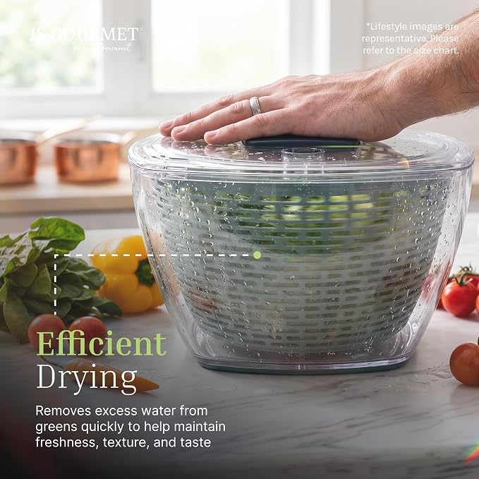 JS Gourmet Manual Salad Spinner with Strainer Basket - 5.68L (24 Cup) | BPA-Free Push Vegetable Spinner, Durable Kitchen Gadget, Easy Spin Dryer Bowl for Lettuce, Fruits & Greens