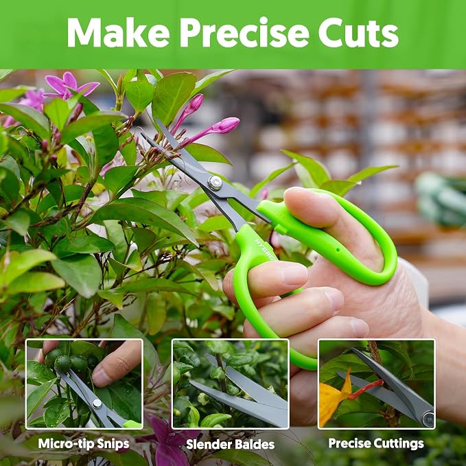 Garden Scissors, 2 PCS, Straight Blade + Curved Blade, 6-in, Easy to Clean | Non-stick Coated Steel Sharp Pruning Shear, Garden Snips for Plants, Herbs, Flowers in Grow Tent and Hydroponics