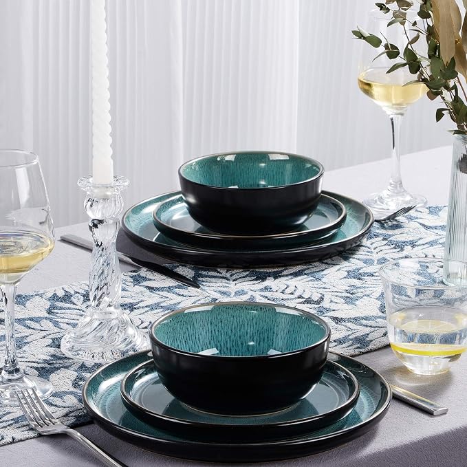 LIANYU Ceramic Dinnerware Sets for 4, 12 Piece Dishes Set, Pastel Turquoise | Stoneware Plates and Bowls, Scratch Resistant Round Kitchen, Dishwasher and Microwave Safe Dinning Ware Set