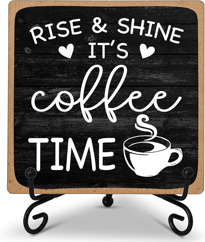 Farmhouse Coffee Bar Sign, Rise & Shine It's Coffee Time | 5"x5" Wood Plaque with Stand Gift for Home Kitchen Tabletop Decor | B09