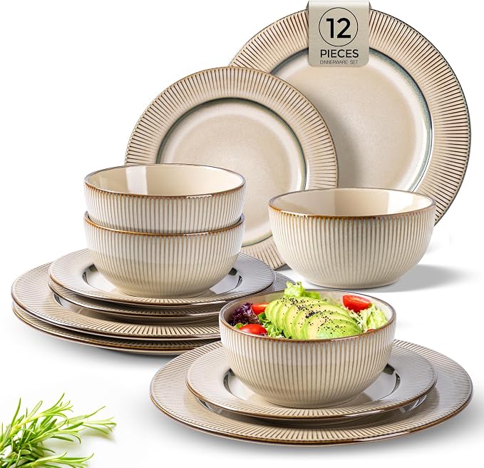 GBHOME Ceramic Dinnerware Sets of 4,12 pcs Plates and Bowls Sets Dishes | Embossed Elegant Stoneware Dishes Set | Dishwasher & Microwave Safe | Service for 4