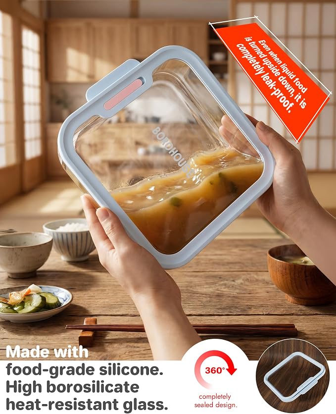 1-Pack Glass Food Storage Containers with Tempered Lids, 5.7Cup Borosilicate Glass Meal Prep Containers, Airtight & Oven-Safe (-4°F~950°F), BPA-Free, （Light blue）