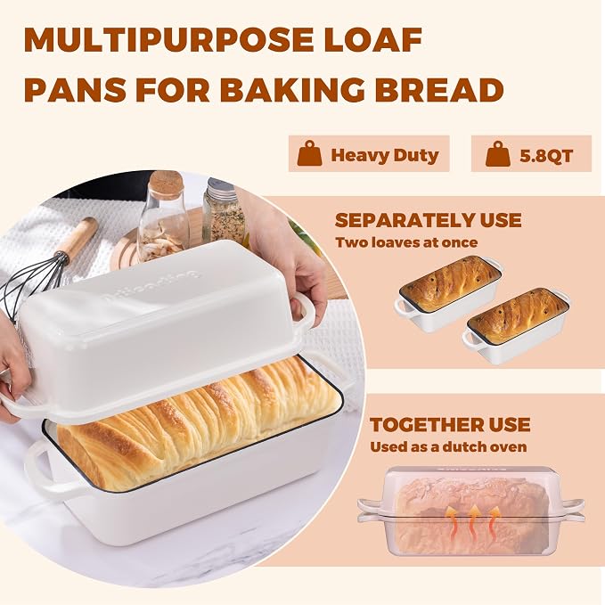 Cast Iron Loaf Pan with Lid, 11x5 Inch 5.8 Qt Sourdough Pan | Dutch Oven Bread Pan with lid, Large Cast Iron Loaf Pan for Sourdough Bread, 11x5 Size, 2-in-1 Design, Crispy Crust, White