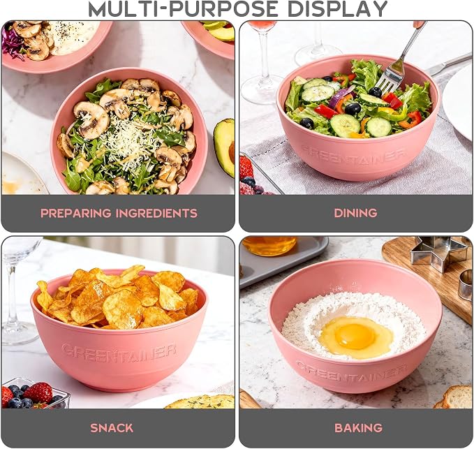 Greentainer 3 Pack Large Plastic Bowls, 135oz Plastic Salad Bowls - Reusable Serving Bowls for Party, Picnic, Entertaining, Kitchen & Outdoor, Microwave & Dishwasher Safe (Pink)