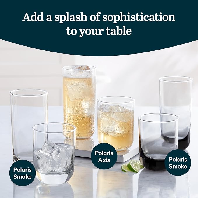 Libbey Polaris Tumbler and Rocks Glass Cups Set, Smoke Hue Mixed Drink Glasses with Straight Lines, Lead-Free, Drinkware Set of 16 for all Beverages