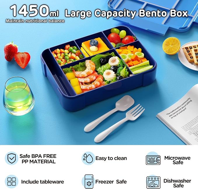Bento Lunch Box for Kids - 1450ml Leakproof Kids Bento Box 6 Compartments Toddler Lunch boxes with Silverware for Back to School, Reusable LunchBox Snack Container for Daycare
