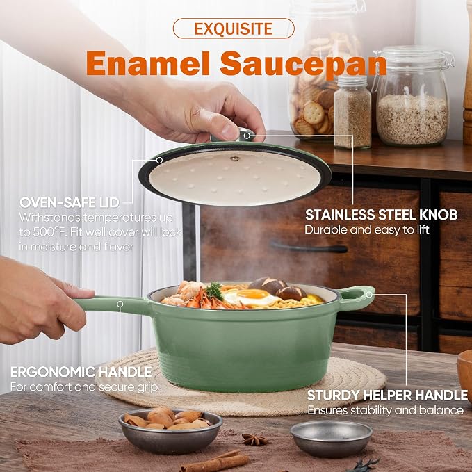 Homikit 3 Quart Saucepan with Lid, Enameled Cast Iron Sauce Pan Cooking Pot for Soup, Milk, Pasta, Nonstick Enamel Dutch Oven for All Cooktops, Heat Resistant Up to 500°F, Sage Green