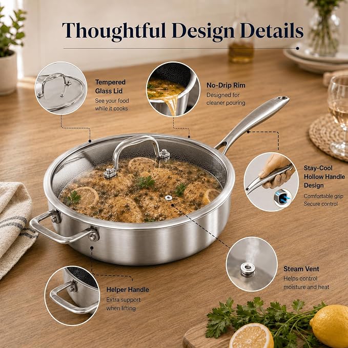 DELARLO Frying Pan,12 inch Tri-Ply Stainless Steel Skillet,6 Quart Saute Pan with lid, Compatible with All Cooktops,Oven Up to 660℉,Chicken Fryer,Dishwasher-Friendly