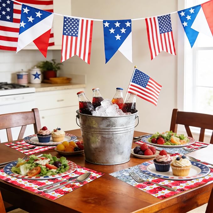 50 Pack Disposable Paper Placemats, Flower Patriotic Table Mats | Red White Blue Watercolor 4th of July Memorial Day