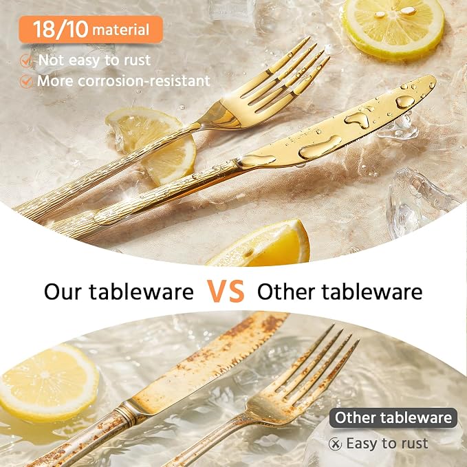 65 Piece Gold Silverware Set with Serving Utensils, 18/10 Stainless Steel | Hammered Ripple Handles, Serving Utensils, Dishwasher Safe, Rust Resistant, for Weddings, Parties & Holiday Dinners