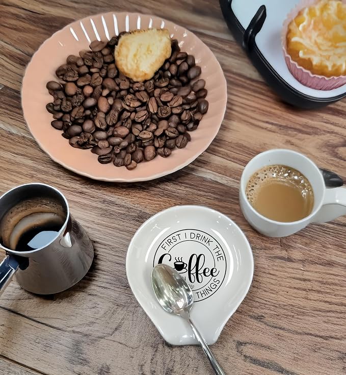 Coffee Spoon Rest, Coffee Bar Accessories & Spoon Holder, Frist I Dring the Coffee Ceramic Spoon Holder for Coffee Lovers Gifts for Friend Wife Husband Sister (White-8)