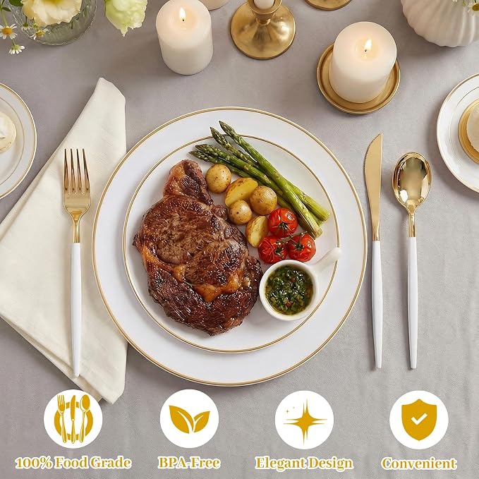 DaYammi 150Pcs Gold Plastic Plates with Disposable Silverware,White Gold Disposable Dinnerware Set - 30 Dinner Plate,30 Dessert Plate,90 Gold Cutlery with White Handles,Fancy Plates for Party Wedding