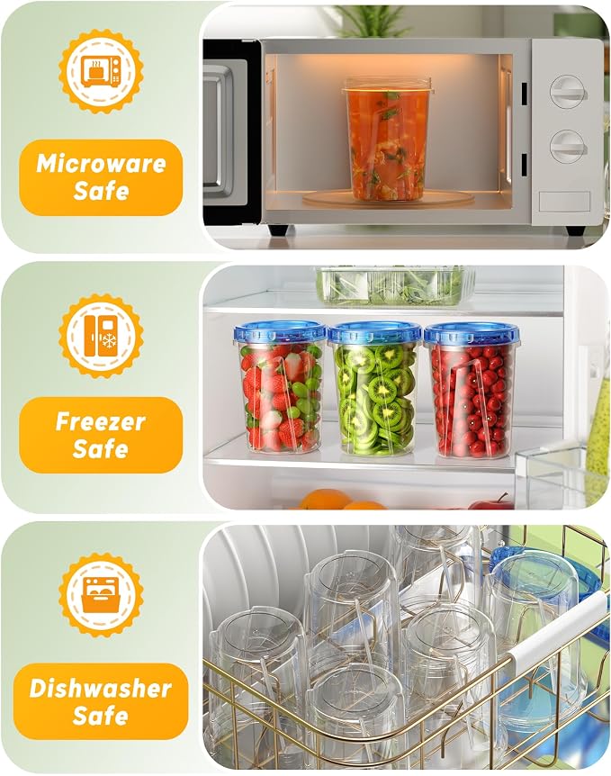 BiuLeon 12 Pack-34 oz Freezer Storage Containers, Plastic Food Storage Containers with Twist Top Lids, BPA Free and Reusable Soup Containers with Lids, Leakproof/Microwave/Dishwasher Safe