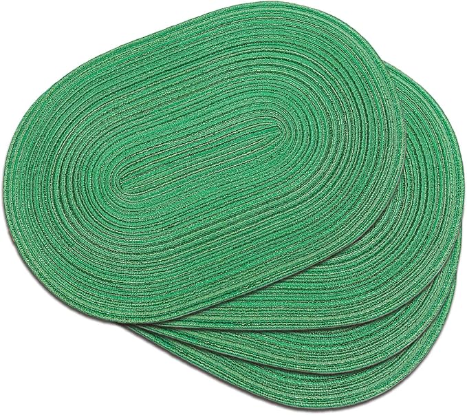 Placemats Set of 4, Woven Oval Braided Dining Table Mats(Green Shine) | 12 x 17.5 Inch Size Fits Plates and Flatware; Hand Washable and Heat Resistant for Kitchen Use, with Farmhouse and Boho Style