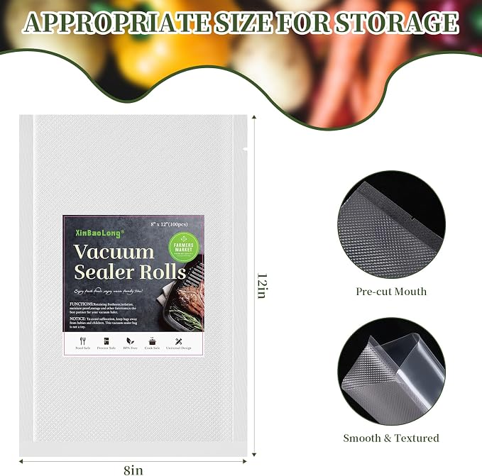 Vacuum Sealer Bags, 8" x 12", 100 Pcs | Commercial Grade, BPA Free, Sous Vide Compatible, Puncture Prevention, Kitchen Essentials