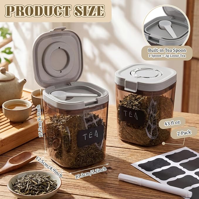 2 Pack 44oz Airtight Coffee Canisters Light Blocking Tea Storage Containers with Scoop, Airtight Food Jars for Loose Leaf Tea, Sugar, Formula, Coffee Bean, with Chalk Marker & 8 Stickers
