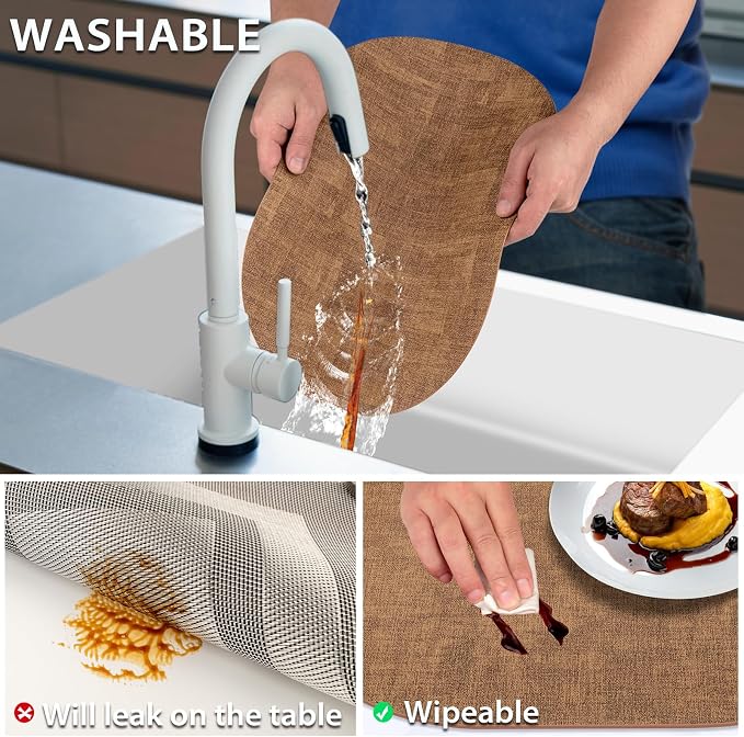 Placemats Set of 6 - Washable Heat Resistant Table Placemats - Wipeable Faux Leather Oval Place Mats, Waterproof Table Mats for Dining Table, Brown