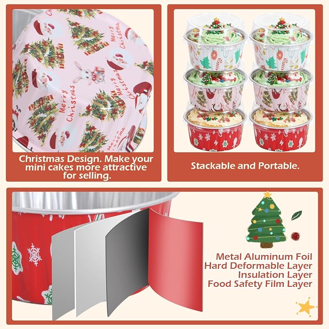 100Pack Mixcolor Christmas Cupcake Liners, 5oz Mini Cake Pans with Lids Xmas Aluminum Cups Disposable Ramekins Muffin Tins Containers for Gift Holiday Birthday Party Cake Baking Stackable Portable