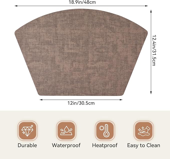 Round Table Placemats Set of 4, Faux Leather Wedge Shape Place Mats Heat Resistant Wipeable Washable Table Mats for Dining Outdoor Indoor, Brown