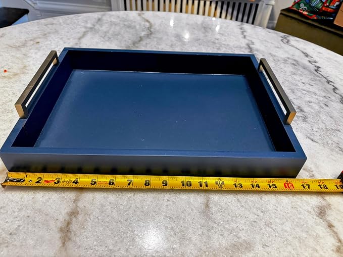 Decorative Coffee Table Tray - Ottoman Tray - Breakfast, Drinks, Liquor Serving Platter - from Farmhouse to Modern - Matte Finish - Champagne Gold Handles - Twilight-Blue