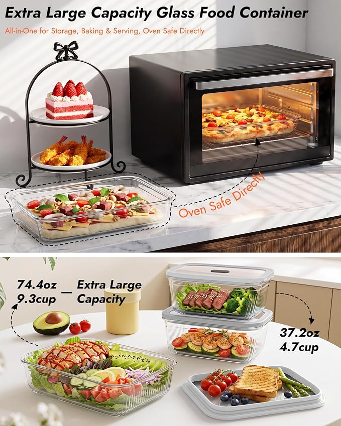 4-Pack Glass Food Storage Containers with Tempered Glass Lids, 2x 4.7 Cup & 2x 9.3 Cup, Airtight, Oven & Microwave Safe Borosilicate Glass (-4°F to 950°F)