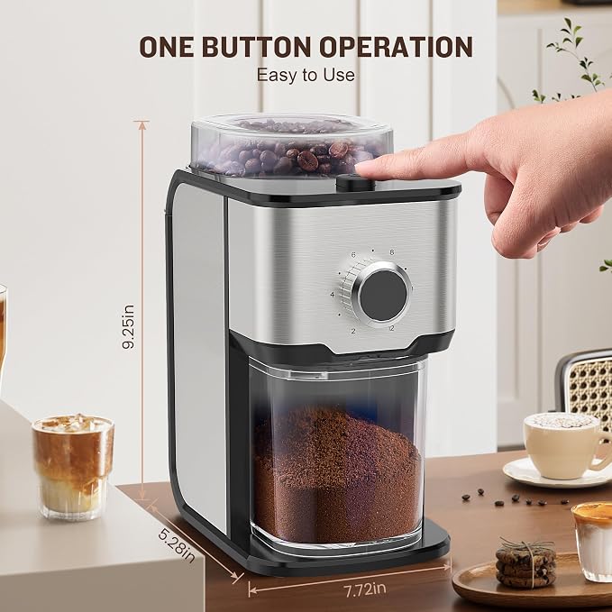 AYCHIRO Flat Burr Coffee Grinder Electric, Coffee Grinder with 14 Grinding Levels,Burr Mill Grinder with 2-12 Cups for Espresso, Drip Coffee and French Press,Stainless Steel