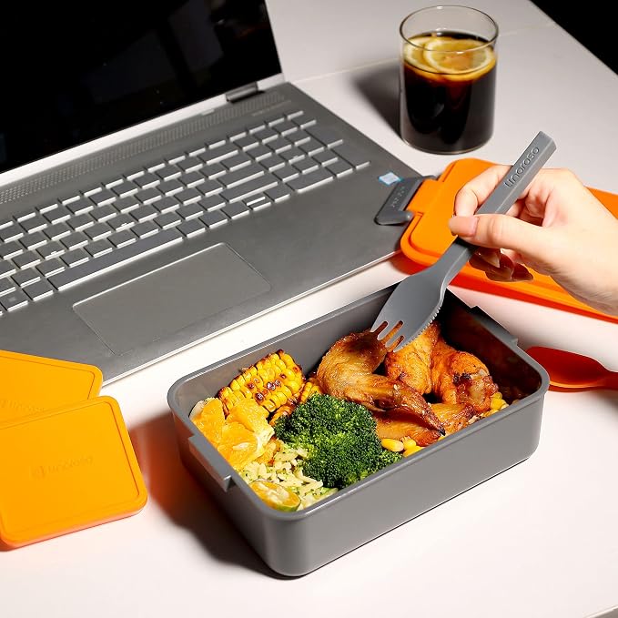 Stackable 2-Tier Adult Bento Box, 4 Compartments - Lava Orange | leakproof bento lunch box with fork & spoon + sauce cups, microwave/dishwasher safe, perfect for office, school & daily meals