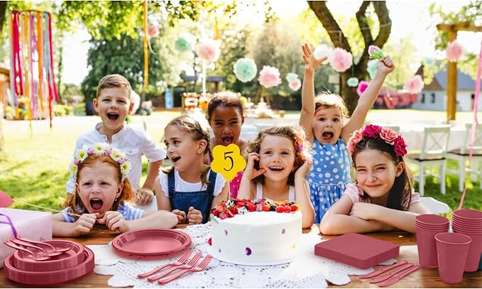 350 Pcs Burgundy Plastic Plates For Party, Burgundy Disposable Plates Set, 50 Of Each 9" Dinner Plate Set, 7" Dessert Plate, Cups, Napkins & Cutlery Plastic Dinnerware Set Exquisite