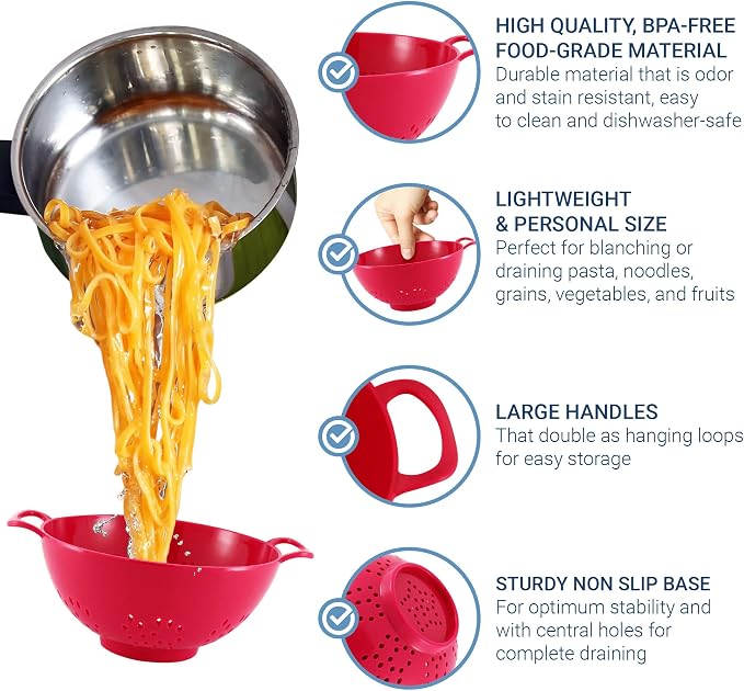 Meadow Lane 6-Inch Small Colander, 3-Cup Food Strainer, Cardinal Red | BPA-free, dishwasher-safe mini colander has a wide, shallow bowl, 1/8-inch holes, two handles, ring foot and smooth edges.