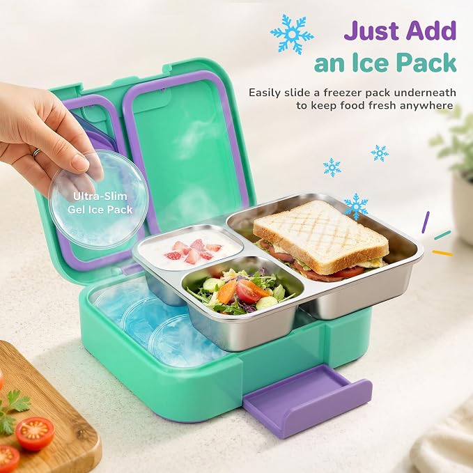 Bento Lunch Box for Kids, 3 Compartment 304 Stainless Steel Food Container with Handle & Spork, Kids Lunch Box Fits Ice Pack, BPA-Free, Green