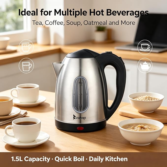 Stainless Steel Kettle Tea Kettle 1.5 Liter, Water Level Indicator 1200 Watts Fast Boiling, 360° Swivel Base Bpa Free, Auto-Shutoff and Boil-Dry Protection, for Tea and Coffee