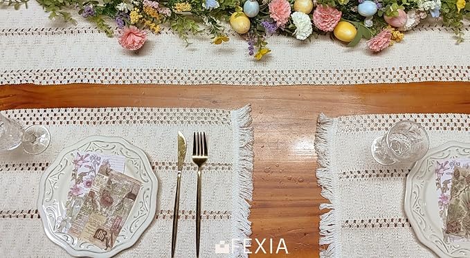 Beige Boho Placemats Set of 4 Table Mats Farmhouse Home Dining Decor | 12x20" Place Mat Set of 4 Macrame Table Decor Farmhouse Burlap Placemats for Home Dining Table Centerpiece Home Decorations