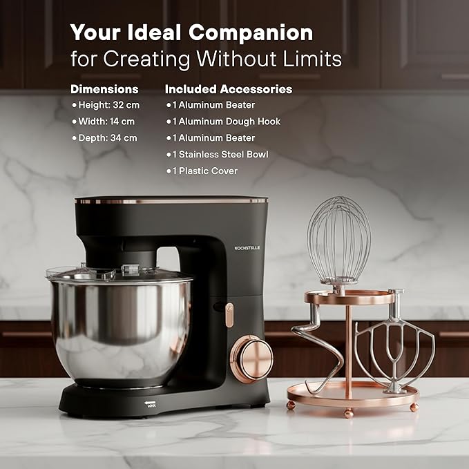 KOCHSTELLE Black Electric Stand Mixer 6.8 Quart Qt, 660W, 6-Speed Adjustable, Stainless Steel Planetary, Portable, Compact & Elegant Kitchen Mixer for Baking & Cooking