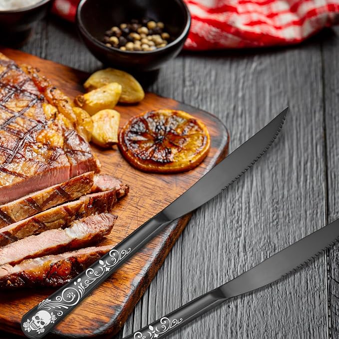Skull Ultra Sharp 2-IN-1 Serrated Knives, SANLUNS Chef Knife Set Serrated Knives of 12 - Professional Design Collection - 18/0 Stainless Sharp Dinner Knive Unique Skull Pattern Design