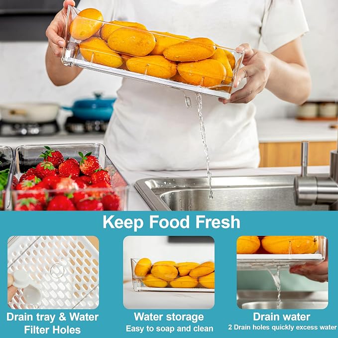 4-Pack Stackable Fruit Storage Containers for Fridge | Pull-Out Drawer Organizer Bins, With Lids & Drain Tray, Keep Fresh, Removable Refrigerator Container for Berry, Veggie, Drink