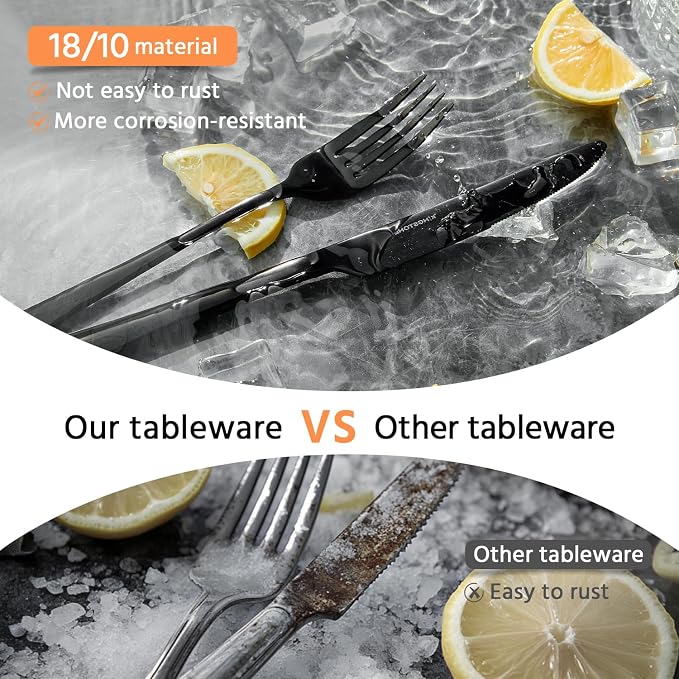 18/10 Flatware set for 8, 40 Piece Black Stainless Steel Silverware Set | KINGSTONE Forged Flatware Cutlery Set, Mirror Polished Knives Fork and Spoon Utensils, Dishwaher Safe for Home Wedding Party