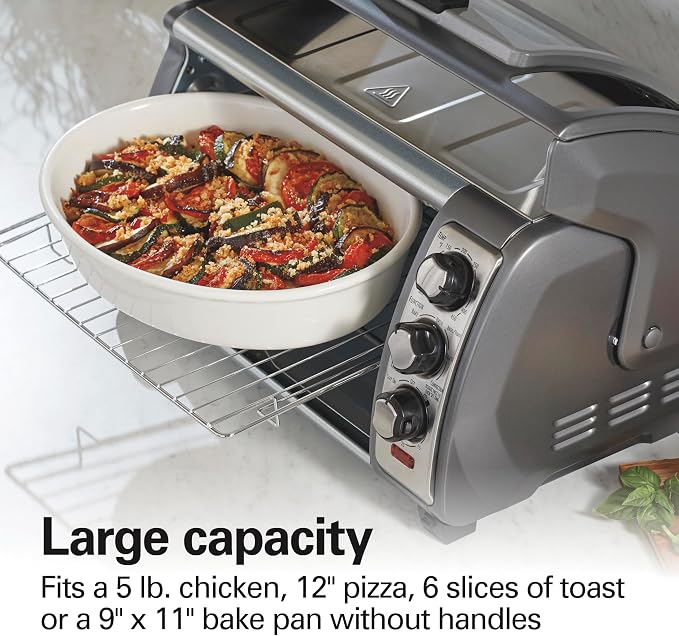 Hamilton Beach Easy Reach 6 Slice Countertop Convection Toaster Oven | Roll-Top Door For Easy Access | Bake, Broil & Toast Functions | 150 to 450ºF Adjustable Temp | Auto Shutoff | Silver
