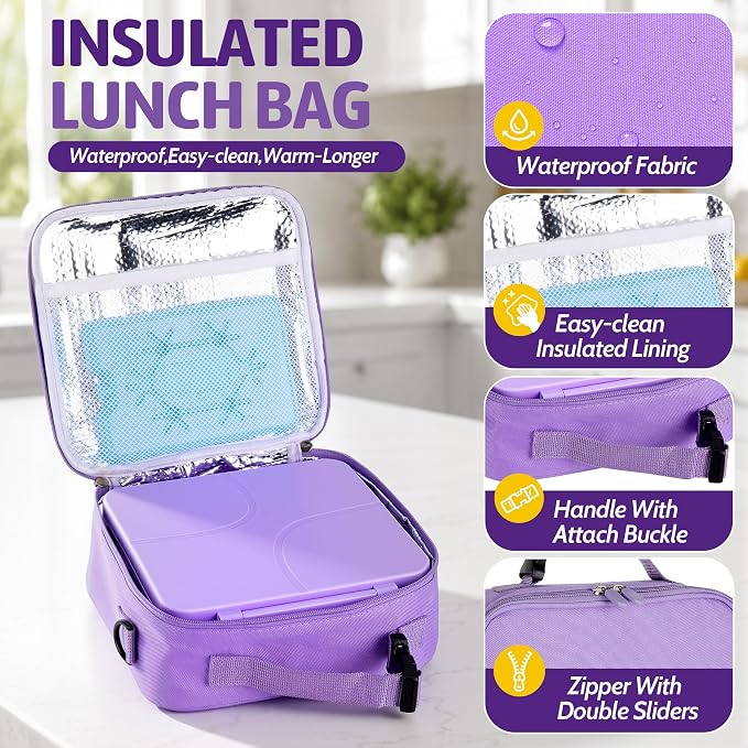 Bento Lunch Box Set with 8 oz Soup Thermo, Kids Leakproof 4 Compartments Hot Food Container with Sauce Cup, Ice Pack and Lunch Bag, Child Insulated Food Jar for School - Purple