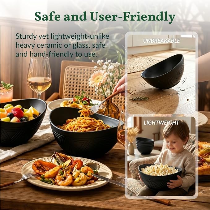 Wheat Straw Bowls Set of 6, 60 OZ Salad Bowl Large Capacity for Soup, Popcorn - Unbreakable Serving Bowl - Microwave & Dishwasher Safe Bowl, Alternative for Plastic Bowls for Kitchen - Black