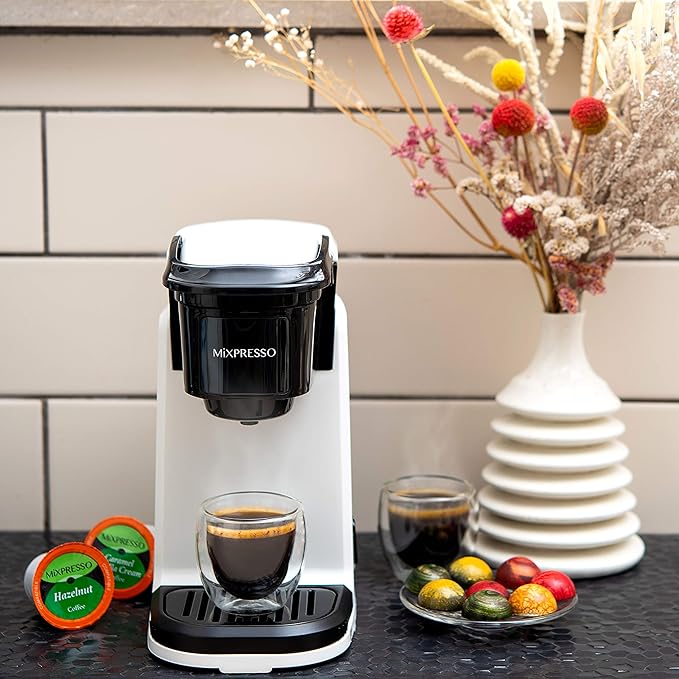 Mixpresso Single Serve Coffee Maker K Cup Coffee Maker for K Pods & Grounds | Compact 800W White Coffee Machine with 12 Oz Water Tank, Fast Brew & Auto Shut-Off, Small Design for Travel RV, Office& Dorm