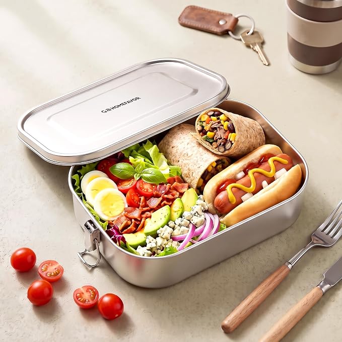 G.a HOMEFAVOR Stainless Steel Bento Lunch Box, 1400 ml/47 oz | Leak-Proof, Dishwasher Safe, BPA-Free, with Lock Clips, Meal Prep, Large Food Container, for Adults