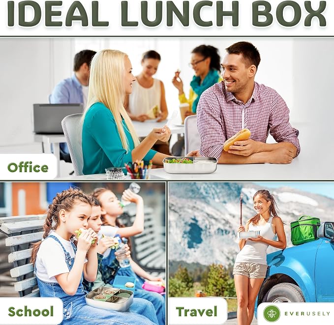 Stainless Steel Bento Box + Condiment Container - Sage, 60oz / 1.8 L | Everusely extra large metal lunch box, leakproof sauce container, 3 compartment snack organizer, freezer & dishwasher safe