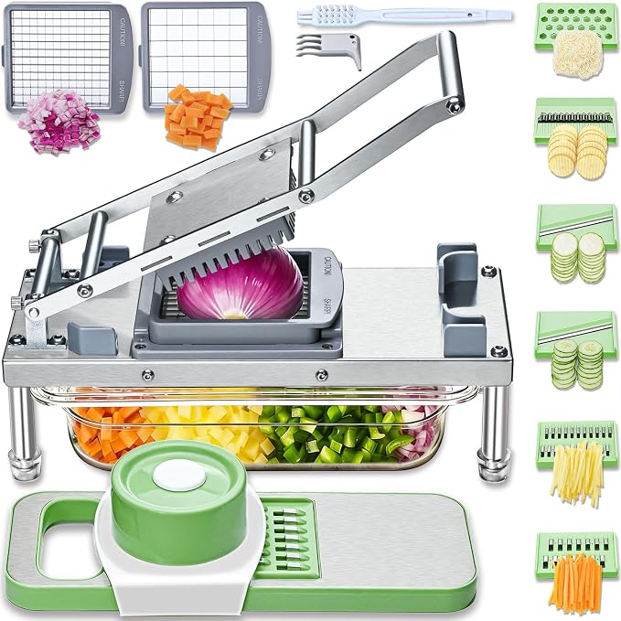 Vegetable Chopper Veggie Cutter Onion Food Dicer with Container 8 Blades | Stainless Steel Construction, Fruit Potato Salad Dicer, Dishwasher Safety, Easy Cleaning, Safety Hand Guards