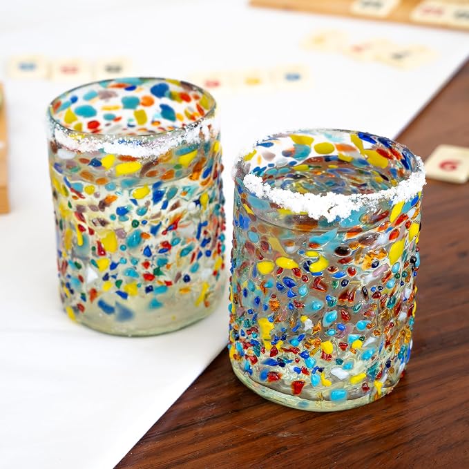 Confetti Dots Hand Blown Tumbler Glasses Set of 6 – Colorful Mexican Glassware – 10 oz Recycled Glass Tumbler – Hand blown Mexican Drinking Glasses for Cocktails, Wine & Tequila