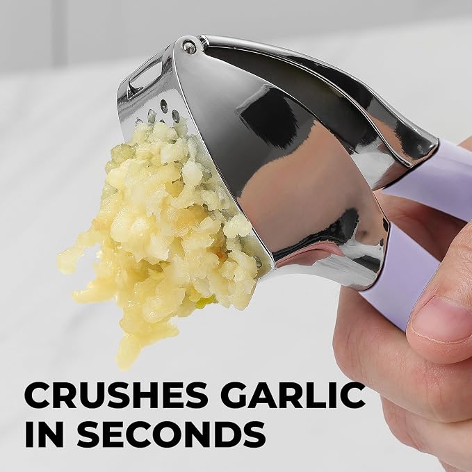 Zulay Kitchen Metal Comfort Grip Garlic Press | Garlic Mincer Tool - Garlic Crusher - Rust Proof Garlic Press, Ergonomic Handle, Easy Clean with Peeler and Brush - Lavender