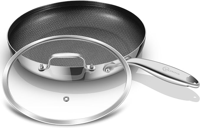 LOLYKITCH 8.5 Inch Hybrid Nonstick Frying Pan with Glass Lid | PFOA Free | Stainless Steel Skillet | Non-Toxic | Stay-Cool Riveted Handle | Dishwasher and Oven Safe | Induction Ready