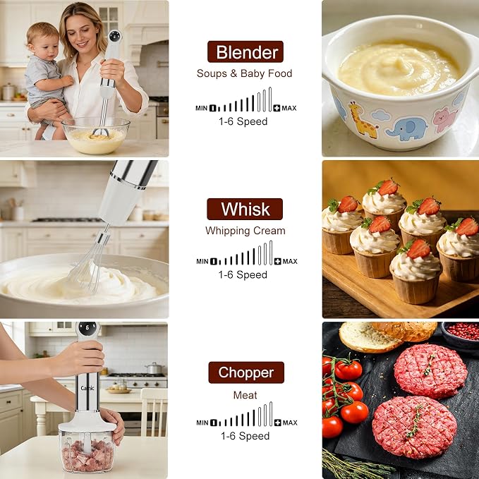 Cordless Immersion Blender Hand Blenders Set,Variable Speed 4 in 1 Stick Emulsifier with Chopper and Whisk for Soup, Baby Food and Smoothies (White)
