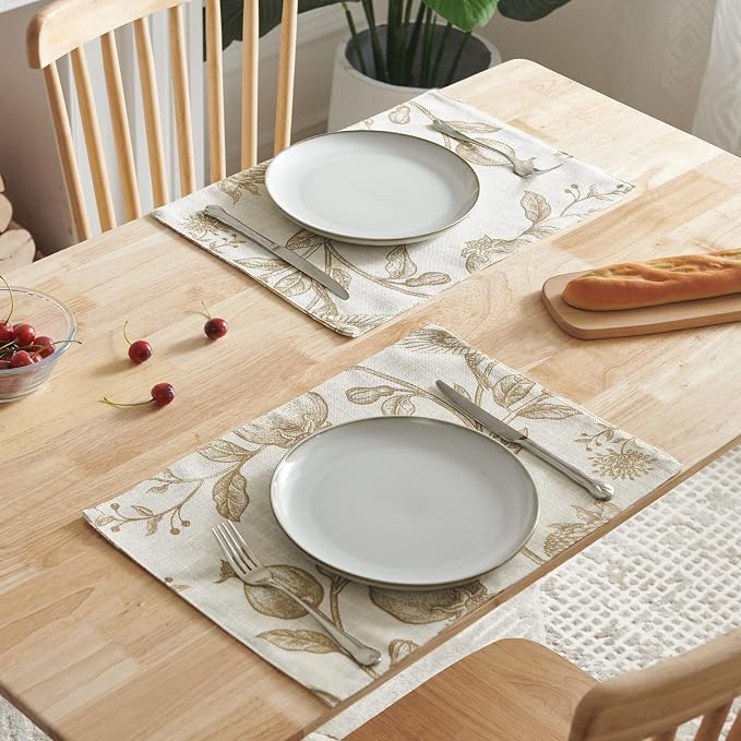 JINCHAN Linen Placemats Set of 4 Farmhouse Botanical Print 13x19 Inch Tan | Fabric Placemats, Cottage Style, Botanical Bird Motif, Machine Washable, Easy to Store, Reusable
